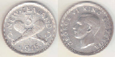 1945 New Zealand silver Threepence A001755